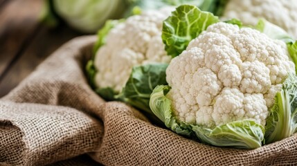 Aufkleber - Fresh, organic cauliflower heads nestled in a burlap sack, showcasing their creamy white florets and vibrant green leaves.  A rustic, farm-fresh aesthetic. : Generative AI