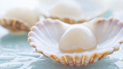 Aufkleber - Close-up of a single, pristine scallop shell, showcasing a plump, creamy-white scallop meat inside, resting on a cool, icy surface. : Generative AI