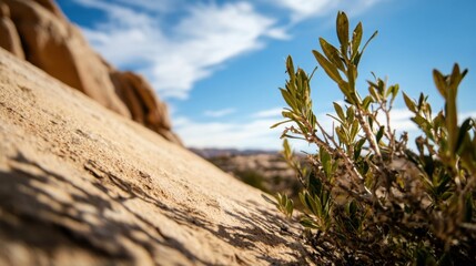 Aufkleber - Close-up view of a small desert plant clinging to a sun-baked rock face, under a vibrant blue sky with fluffy white clouds. : Generative AI