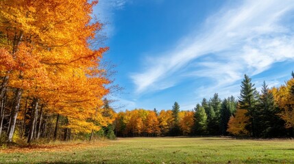 Aufkleber - Vibrant autumn foliage illuminates a picturesque meadow, framed by golden maple trees and evergreen pines under a bright blue sky with wispy clouds. : Generative AI