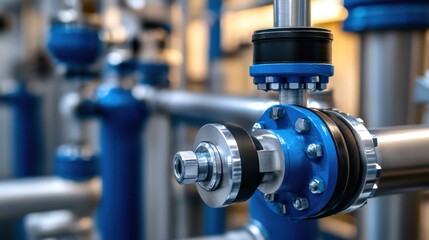 Poster - Close-up view of a blue industrial valve and pipe system, showcasing intricate metallic components and robust engineering. : Generative AI