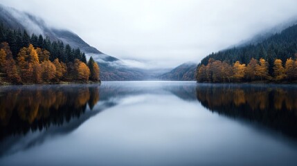 Poster - Serene autumnal lake mirroring misty mountains and golden trees, a picturesque landscape reflecting tranquility and the beauty of nature's seasonal change. : Generative AI
