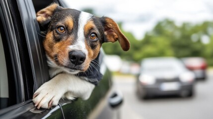 Poster - Adorable tri-colored dog peering out of a car window during a road trip, showing curious eyes and a playful expression. : Generative AI