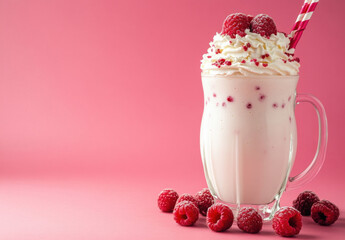 Aufkleber - Delicious raspberry milkshake in a glass mug, garnished with whipped cream and fresh raspberries, on a pink background. Perfect for summer refreshment. : Generative AI