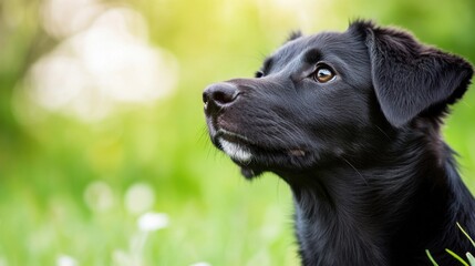 Poster - A young black labrador retriever puppy looks up expectantly, its dark fur contrasting against a vibrant green and sunny spring meadow. : Generative AI
