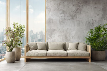 Aufkleber - Beige sofa with light cushions, flanked by potted plants, against a textured wall and cityscape view showcases modern minimalist interior design ideal for relaxation and tranquility