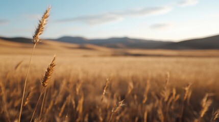 Aufkleber - Golden hour sunlight illuminates tall grass stalks in a vast, gently rolling field, with distant mountains under a clear sky. : Generative AI
