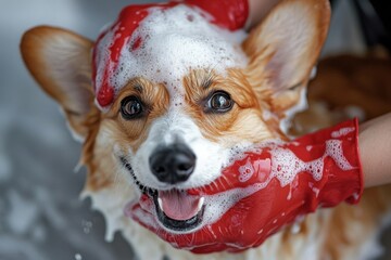 Poster - Happy corgi puppy getting a bath, covered in soapy bubbles, being washed by red gloved hands. : Generative AI