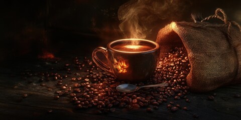 Poster - A steaming cup of coffee sits on a dark wooden table, surrounded by roasted beans spilling from a burlap sack; warm, inviting light illuminates the scene. : Generative AI