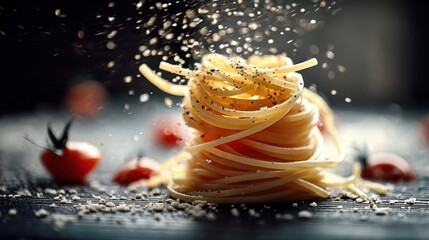 Poster - A delicious plate of spaghetti tossed with black pepper and parmesan cheese, accompanied by fresh cherry tomatoes, creating a mouthwatering culinary scene. : Generative AI