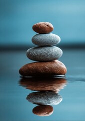 Poster - Serene Stack of Stones Reflecting in Calm Water, a Symbol of Balance and Tranquility, Perfect for Spa or Wellness Themes. : Generative AI