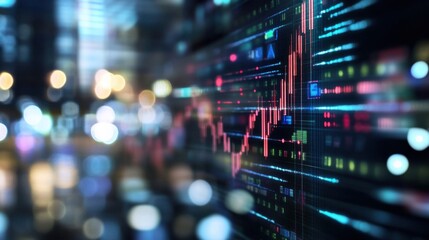 Leinwandbilder - A futuristic display shows dynamic stock market data, overlaid with a blurred city nightscape, representing global finance and technological advancements. : Generative AI