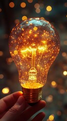 Fototapete - A hand gently holds a glowing vintage lightbulb, its interior shimmering with golden sparkles against a bokeh background of warm lights. : Generative AI
