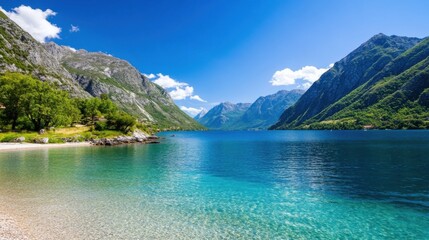 Poster - Serene turquoise lake nestled between majestic mountains under a vibrant blue sky, showcasing a tranquil beach and lush greenery. : Generative AI