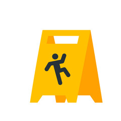 Poster - A yellow wet floor sign with a black silhouette of a person slipping and falling on the floor surface