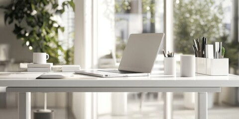 Poster - Modern minimalist workspace featuring a silver laptop, white desk, and a cup of coffee on a stack of books, with blurred greenery in the background. : Generative AI