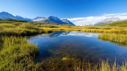 Poster - Serene mountain lake reflecting majestic peaks under a clear blue sky, surrounded by lush green vegetation and calm water. : Generative AI