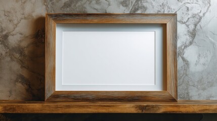 Fototapete - Empty rustic wooden picture frame on a shelf against a textured concrete wall, perfect for mockup and design projects. : Generative AI
