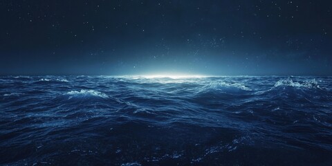 Fototapete - A serene night scene depicting a vast, dark blue ocean under a starlit sky, with a subtle glow on the horizon suggesting moonlight or a distant light source. : Generative AI