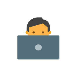 Poster - Person with dark hair and tan skin behind a gray laptop with a circular power button on the screen face