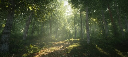 Poster - Sunbeams illuminate a tranquil forest path, dappled light filtering through lush green canopy, creating a serene and mystical atmosphere. : Generative AI