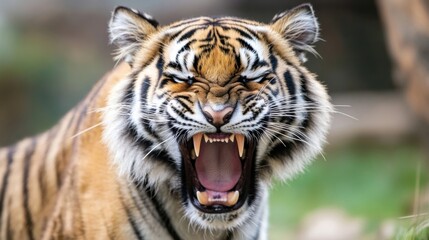 Fototapete - Close-up of a majestic tiger with its mouth open, revealing sharp teeth and a powerful presence. The tiger's fur is detailed, showcasing its orange, black, and white stripes. : Generative AI