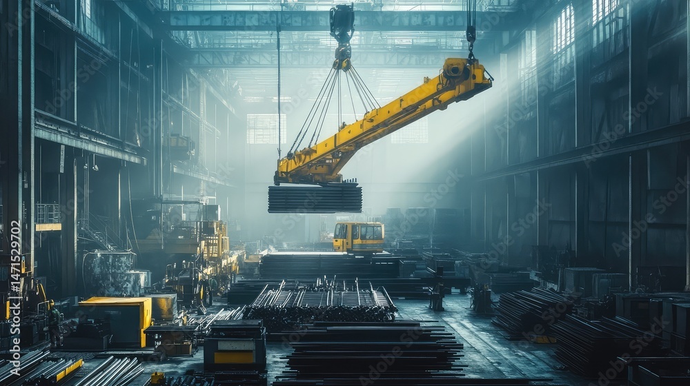 Massive yellow crane lifting thick steel beams across a shadowy factory ...
