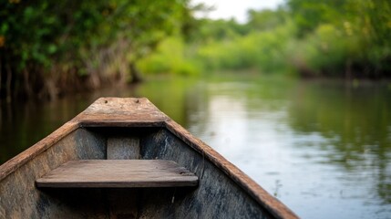 Poster - Wooden canoe gliding on a tranquil river, surrounded by lush green mangrove forest.  A peaceful journey through nature's serene embrace. : Generative AI