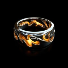 Poster - A modern silver ring with a unique, flame-like design, glowing with warm amber light against a stark black background. The intricate detailing showcases exceptional craftsmanship. : Generative AI