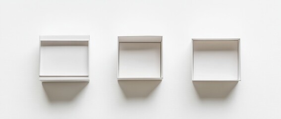 Aufkleber - Three empty white cardboard boxes arranged in a row on a white background, offering a clean and minimalist product presentation. : Generative AI