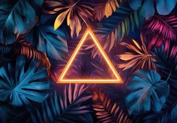 Aufkleber - Vibrant tropical foliage backdrop with a glowing orange neon triangle frame, perfect for summer designs and exotic themes. : Generative AI