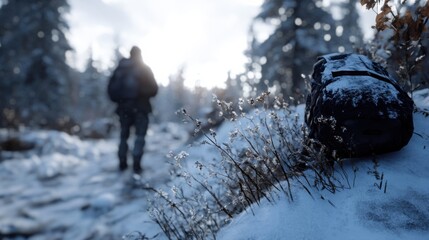 Poster - A lone hiker's backpack rests in the snow, partially obscured by winter grasses, with the blurred figure of the hiker continuing their journey through a snowy forest. : Generative AI