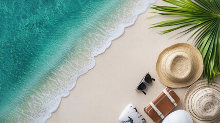 Poster - Tropical beach scene with turquoise water, waves lapping on white sand, straw hats, sunglasses, and palm leaves. : Generative AI