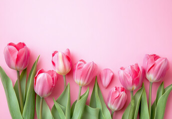 Poster - Pink tulips arranged on a pink background, creating a beautiful floral border with space for text or design elements. Perfect for spring, mother's day, or romantic themes. : Generative AI