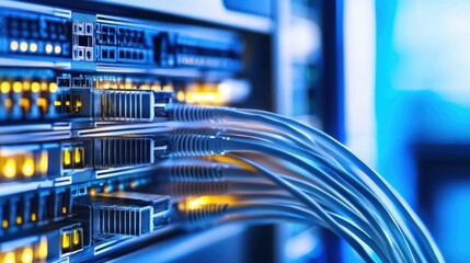 Poster - Close-up view of fiber optic cables connected to a network server, showcasing intricate details and vibrant blue lighting. : Generative AI