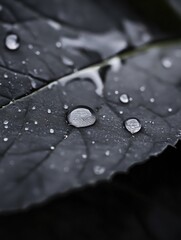 Aufkleber - Closeup of water droplets on a dark gray leaf, showcasing the texture and reflective qualities of the water beads against the leaf's surface.  The image evokes a sense of serenity and  : Generative AI