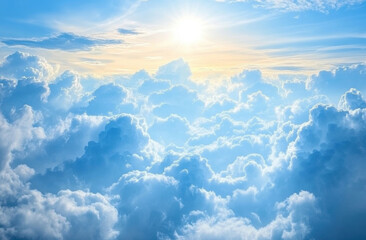 Aufkleber - A breathtaking aerial view of a vast expanse of fluffy cumulus clouds illuminated by a bright sun, creating a serene and heavenly atmosphere. : Generative AI