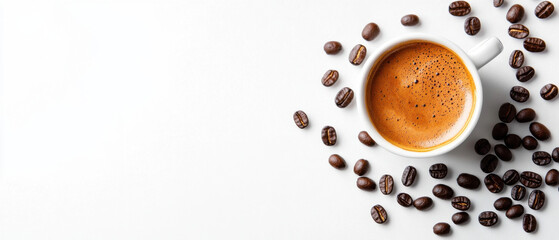 Aufkleber - Aromatic espresso in a white cup, surrounded by roasted coffee beans on a bright white surface.  Perfect for coffee shop menus or beverage advertising. : Generative AI