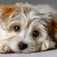 Poster - Adorable Bichon Frise Puppy with Expressive Eyes Lying Down on a Light Gray Surface : Generative AI