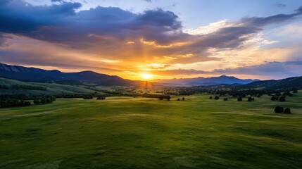 Poster - Majestic sunset over a vast, green valley, casting golden rays across rolling hills and distant mountains, creating a breathtaking landscape panorama. : Generative AI
