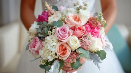 Poster - A bride delicately holds a stunning bridal bouquet, featuring a captivating mix of pink, peach, and white roses, complemented by succulents and other lush greenery. : Generative AI