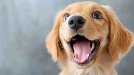 Poster - Adorable golden retriever puppy with open mouth, showing tongue and teeth, against a blurred gray background.  The image captures the dog's playful and happy expression. : Generative AI