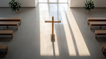 Poster - Wooden cross stands in minimalist chapel bathed in sunlight, simple wooden benches arranged around it, creating a serene atmosphere. : Generative AI