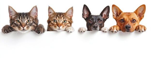 Poster - Two curious cats and two playful dogs peek over a white banner, perfect for pet adoption or veterinary clinic advertisement. : Generative AI