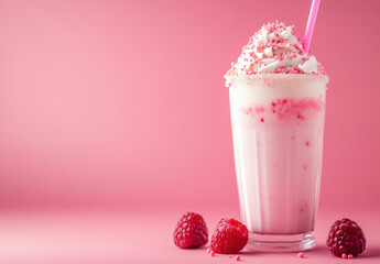Poster - A delicious pink raspberry milkshake topped with whipped cream and pink sprinkles sits on a pink background, accompanied by fresh raspberries. : Generative AI