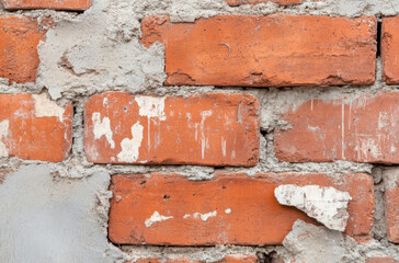 Aufkleber - Close-up view of an aged brick wall, showing weathered red bricks and crumbling grey mortar.  The texture is rough and uneven, revealing the passage of time and elements. : Generative AI