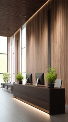 Poster - Modern reception desk in a minimalist office, featuring dark wood paneling and sleek computers, showcasing a clean and professional atmosphere, ideal for business or corporate concepts