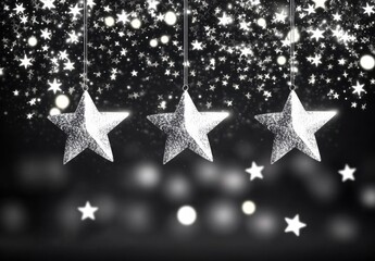 Poster - Three silver glitter stars hang against a dark background, sparkling with smaller stars and bokeh lights, creating a festive, elegant, and magical winter scene. : Generative AI