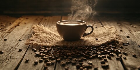 Poster - A steaming cup of coffee sits on a rustic wooden table, surrounded by roasted coffee beans and a burlap napkin. Warm lighting enhances the rich, dark tones. : Generative AI