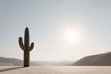 serene desert landscape featuring solitary cactus under bright sun